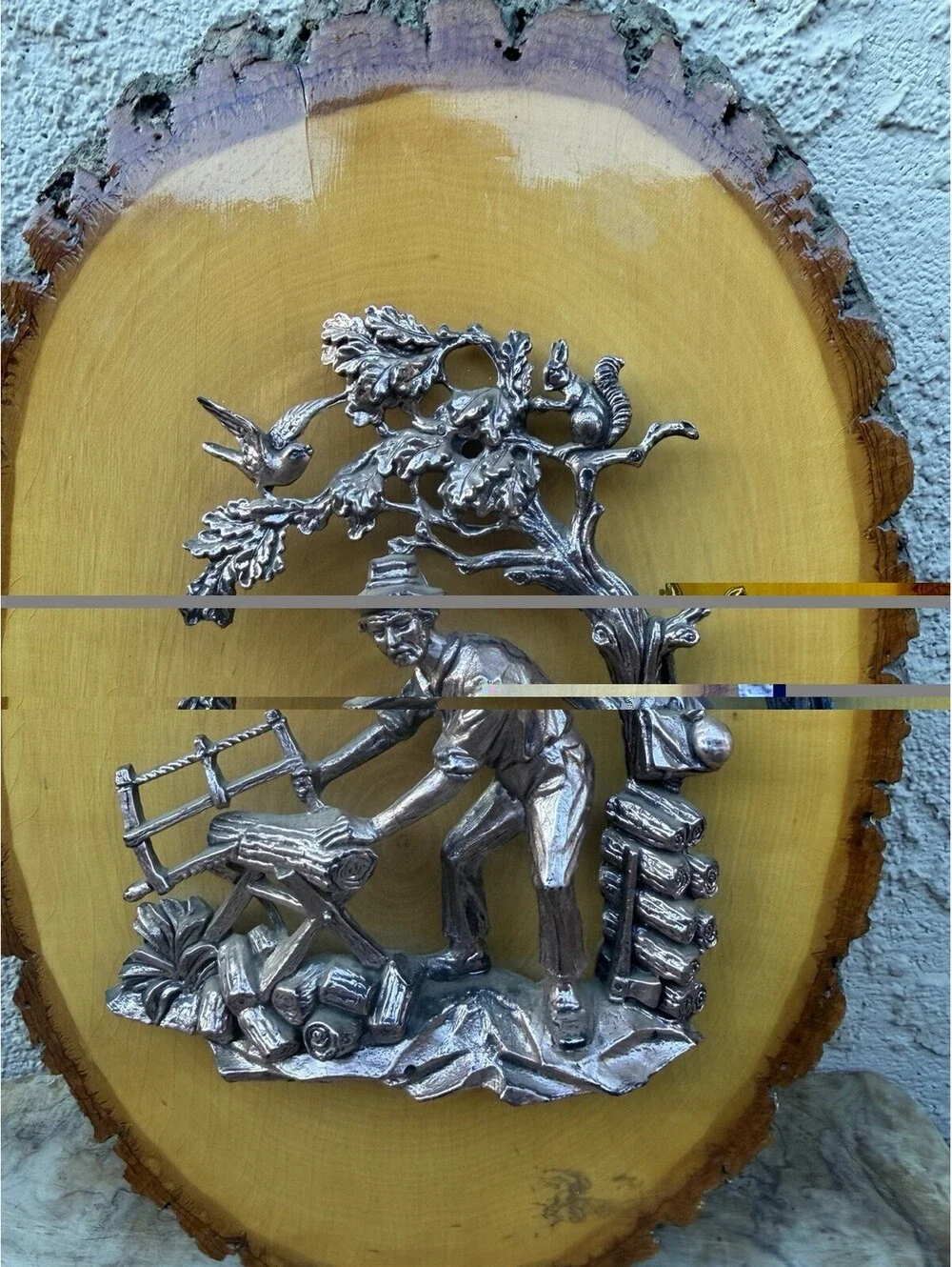 Vintage German 3D Metal Woodcutter Plaque Tree Slice Folk Art Personal Note